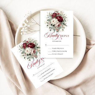 Elegant Deep Red Floral Wedding RSVP Card