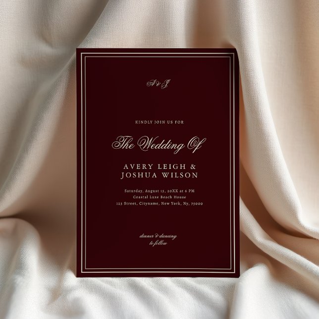Elegant Deep Red Monogram Old Money Wedding Invitation (Creator Uploaded)