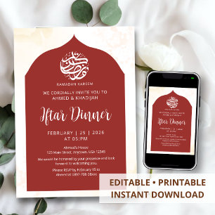 Elegant Deep Red Moroccan Arch Iftar Dinner Invitation
