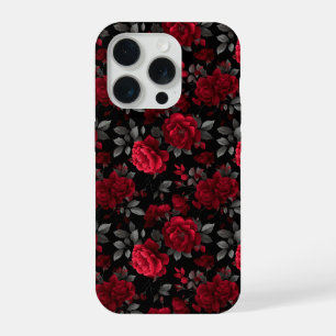 Elegant Deep Red Rose Black Floral Pattern iPhone 15 Pro Case