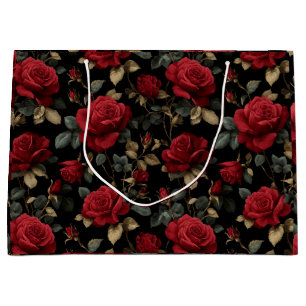 Elegant Deep Red Rose Black Floral Pattern Large Gift Bag