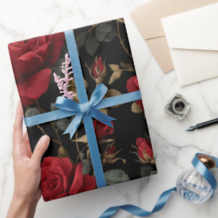 Elegant Deep Red Rose Black Floral Pattern Wrapping Paper