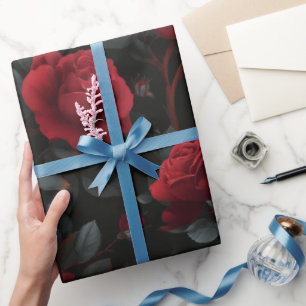 Elegant Deep Red Rose Black Floral Pattern Wrapping Paper