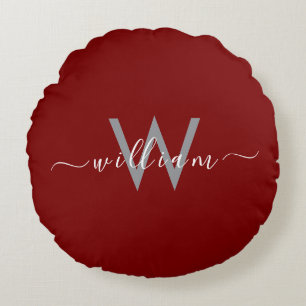 Elegant Deep Red Round Pillow with Custom Name