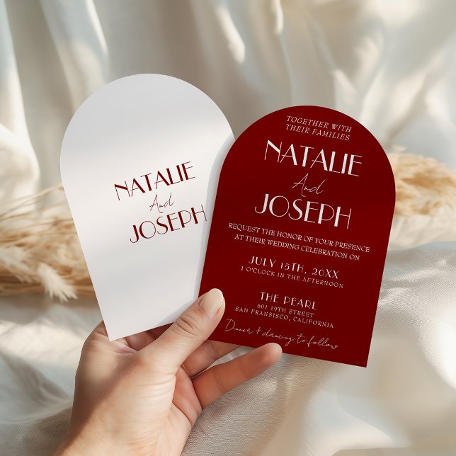 Elegant Deep Red White Burgundy Arched Wedding Invitation (Creator Uploaded)