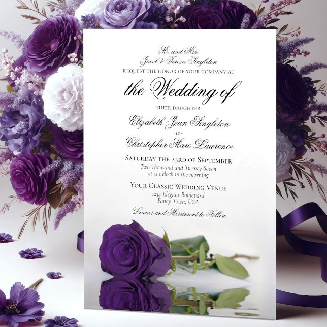 Elegant Deep Royal Purple Rose Formal Wedding Invitation (Creator Uploaded)