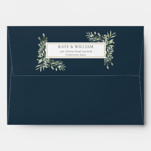 Elegant Deep Sea Blue Botanical Greenery Wedding Envelope