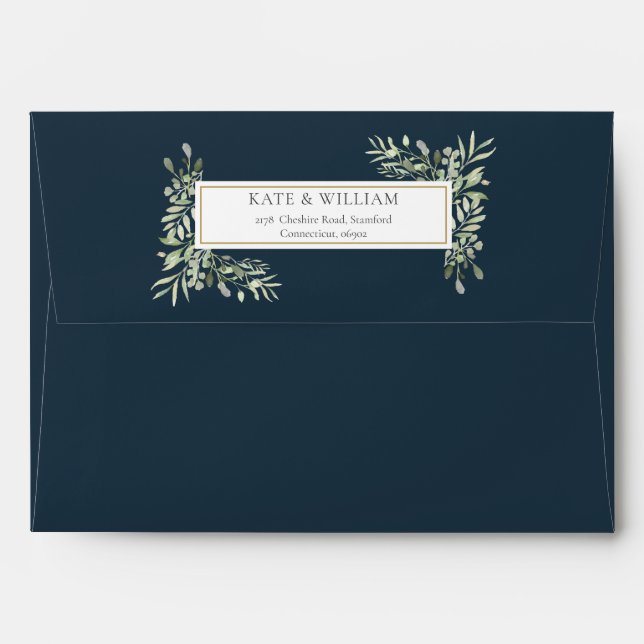 Elegant Deep Sea Blue Botanical Greenery Wedding Envelope (Back (Top Flap))
