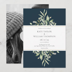 Elegant Deep Sea Blue Greenery Photo Wedding Invitation