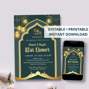 Elegant Deep Teal and Gold Lantern Ramadan Iftar Invitation