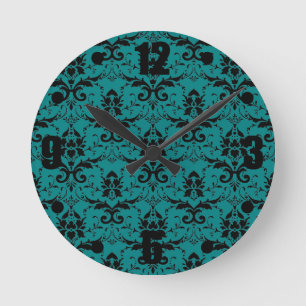 Elegant Deep Teal Black Damask Pattern Round Clock