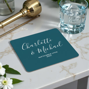 Elegant Deep Teal Script Minimalist Wedding Square Paper Coaster