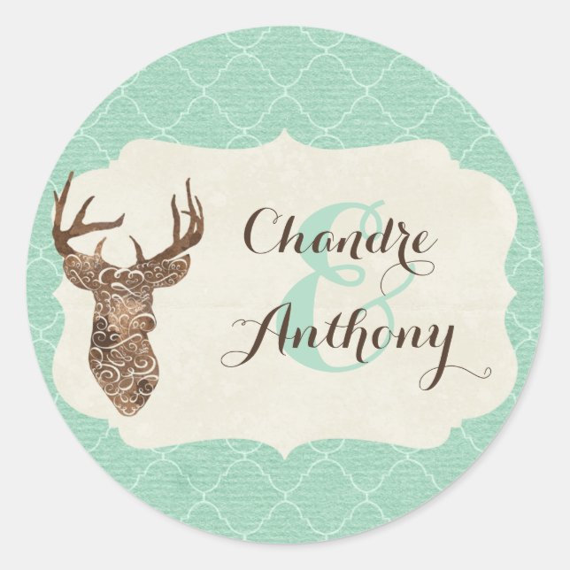 Elegant Deer Antlers Rustic Country Wedding Custom Classic Round Sticker (Front)
