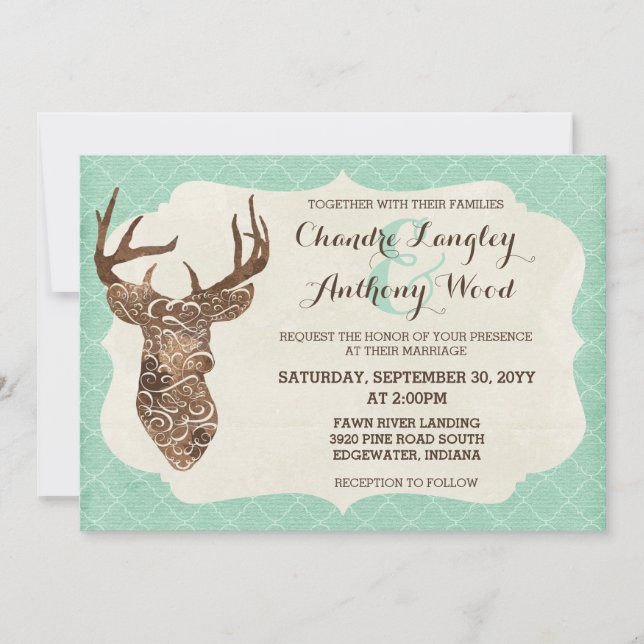 Elegant Deer Antlers Rustic Country Wedding Invitation (Front)