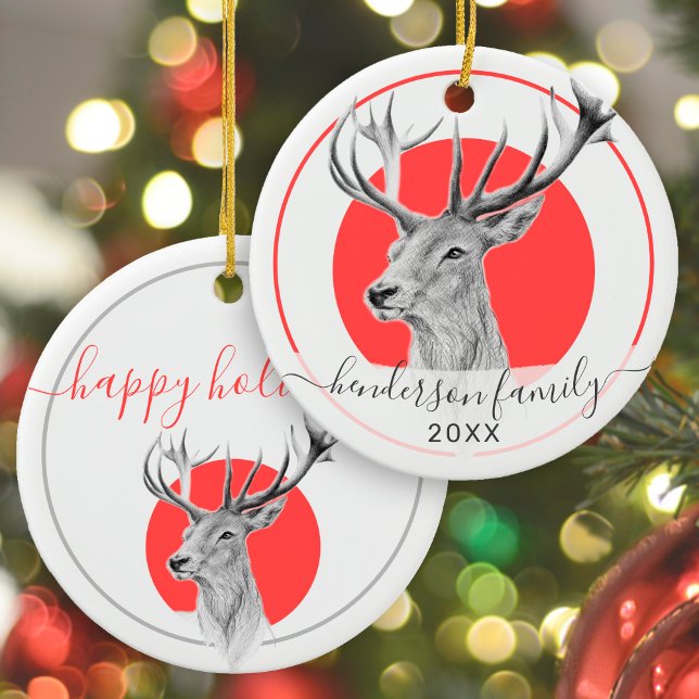 Elegant Deer Art Red Personalised Christmas Ceramic Tree Decoration (Creator Uploaded)