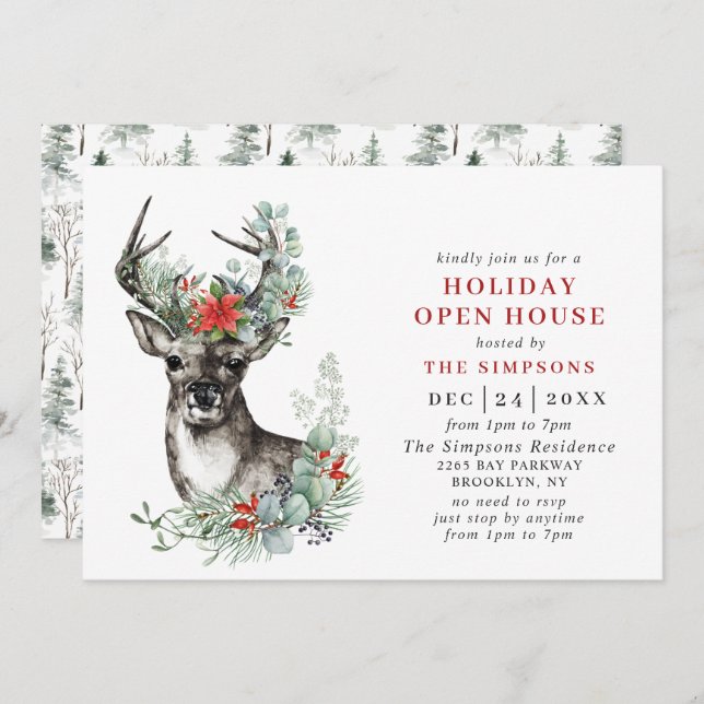 Elegant Deer Christmas HOLIDAY OPEN HOUSE Invitation (Front/Back)