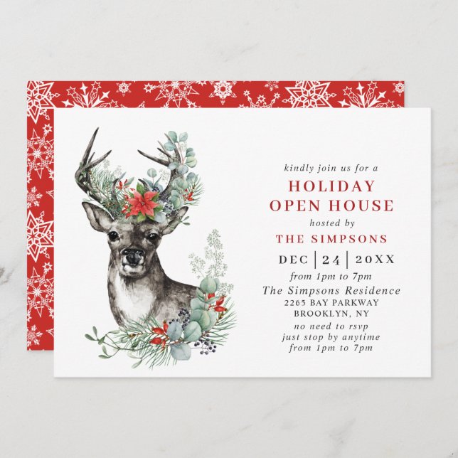 Elegant Deer Christmas HOLIDAY OPEN HOUSE Invitation (Front/Back)