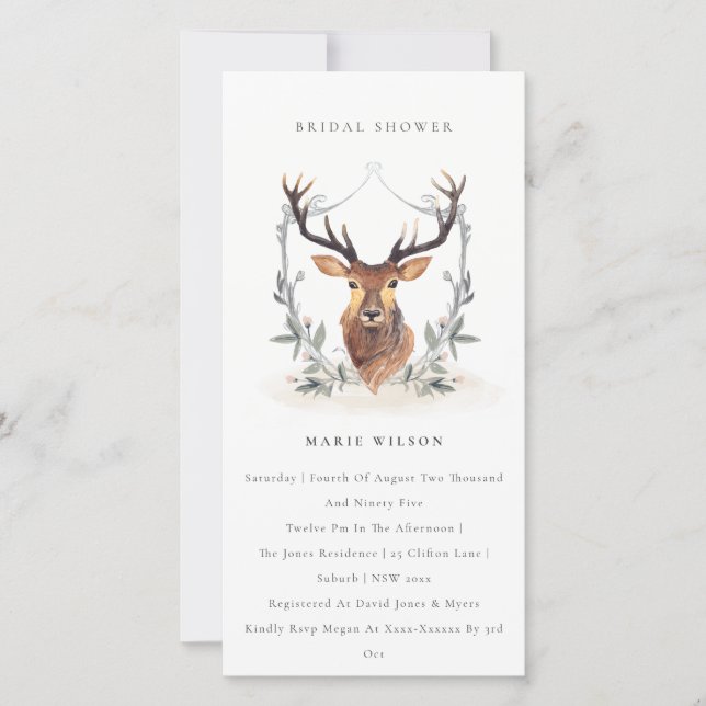 Elegant Deer Floral Crest Bridal Shower Invite (Front)
