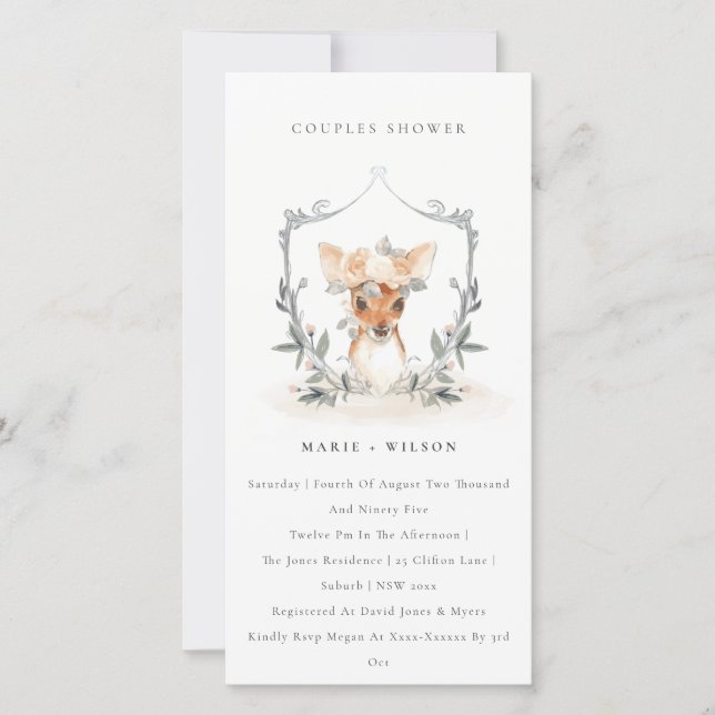 Elegant Deer Floral Crest Couples Shower Invite (Front)