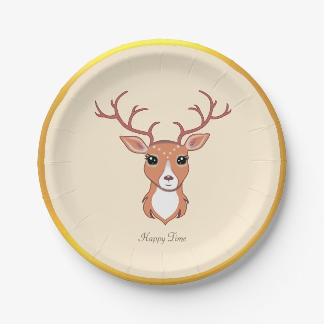Elegant Deer, Golden Frame on Light Beige Paper Plate (Front)