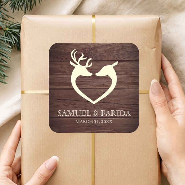 Elegant Deer Heart Rustic Wood Wedding Favour Square Sticker (Creator Uploaded)