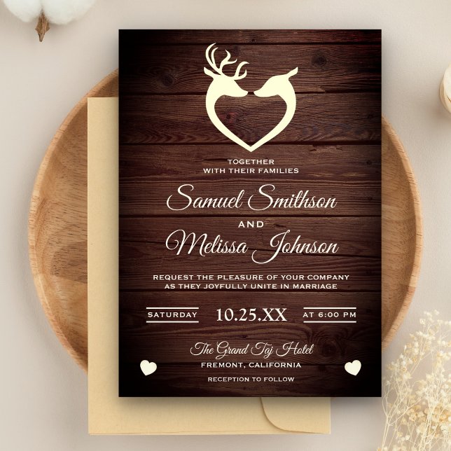 Elegant Deer Heart Rustic Wood Wedding Invitation (Creator Uploaded)