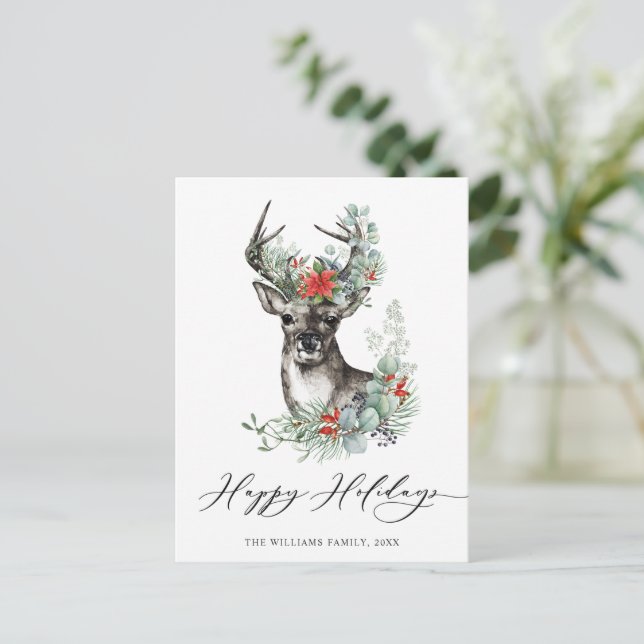Elegant Deer Poinsettia Christmas Greeting Holiday Postcard (Standing Front)