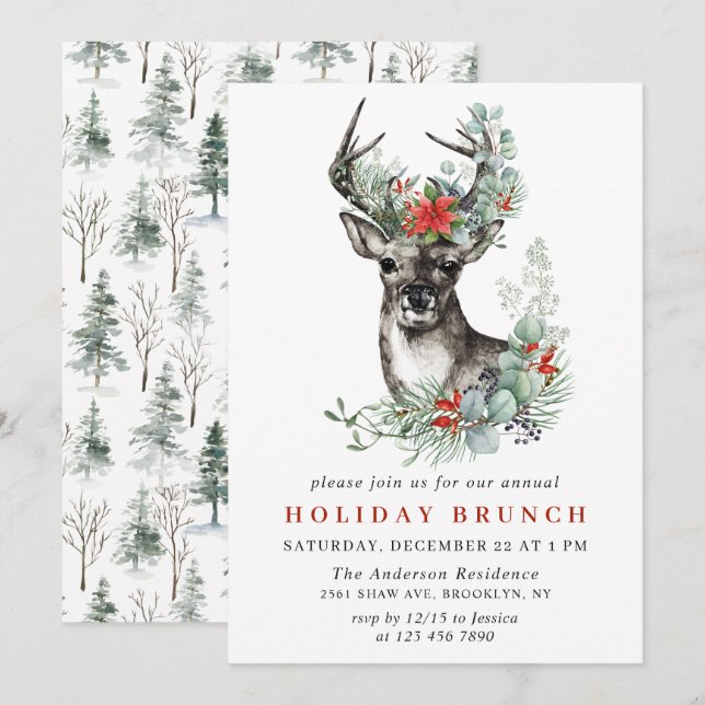 Elegant Deer Poinsettia CHRISTMAS HOLIDAY BRUNCH Invitation (Front/Back)