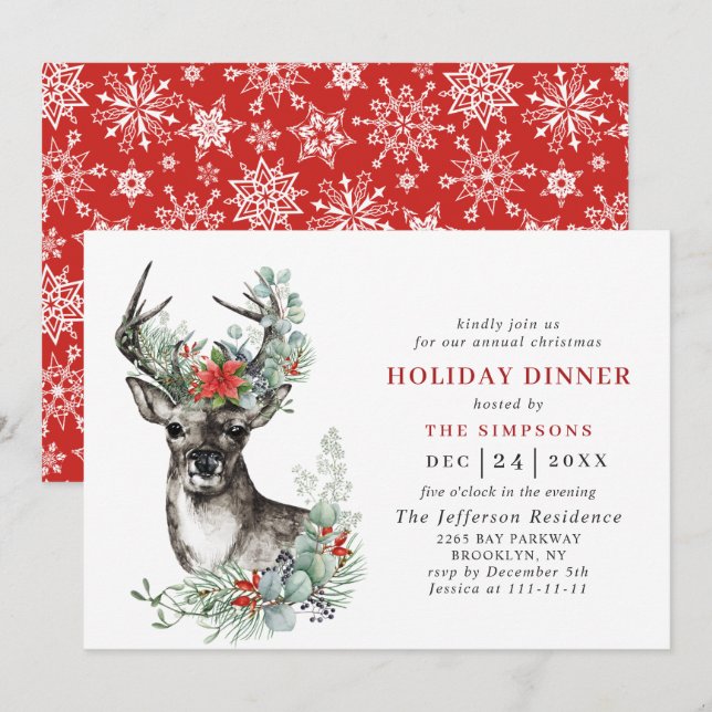 Elegant Deer Poinsettia CHRISTMAS HOLIDAY DINNER Invitation (Front/Back)