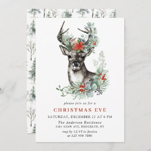 Elegant Deer Poinsettia Holiday CHRISTMAS EVE Invitation
