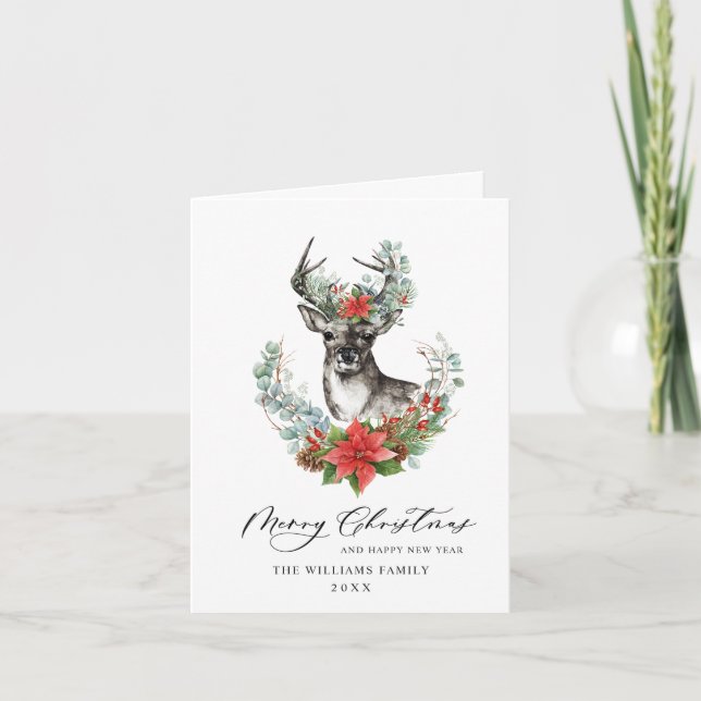 Elegant Deer Poinsettia Merry Christmas Greeting Holiday Card (Front)