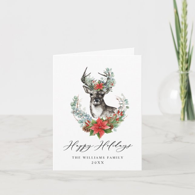 Elegant Deer Poinsettia Merry Christmas Greeting Holiday Card (Front)