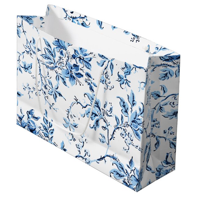 Elegant Delft Blue and White Floral Large Gift Bag (Front Angled)