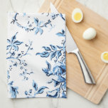 Elegant Delft Blue and White Floral Tea Towel<br><div class="desc">Elegantly drawn classic and clean floral featuring delicate Delft blue vines,  flowers and curving branches on white background.</div>