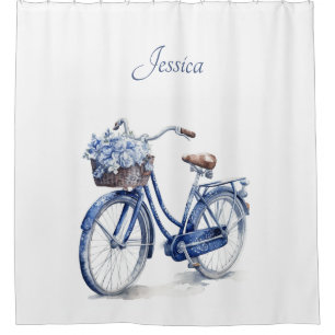 Elegant Delft Blue Floral Bicycle Personalised Shower Curtain