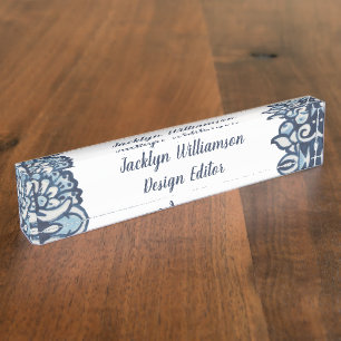 Elegant Delft Blue White Floral Personalised Nameplate
