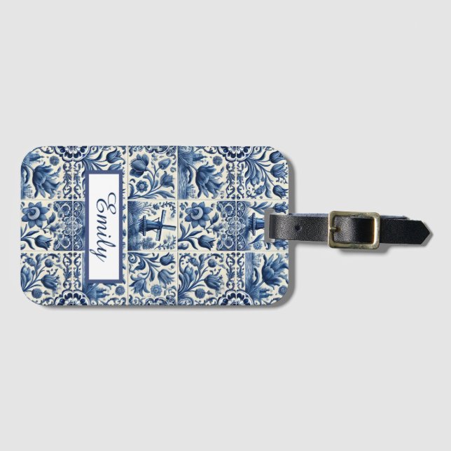 Elegant Delft Tiles Personalised Luggage Tag (Front Horizontal)