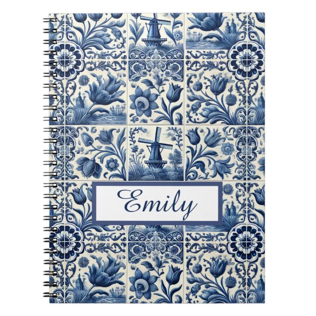 Elegant Delft Tiles Personalised Notebook (Front)