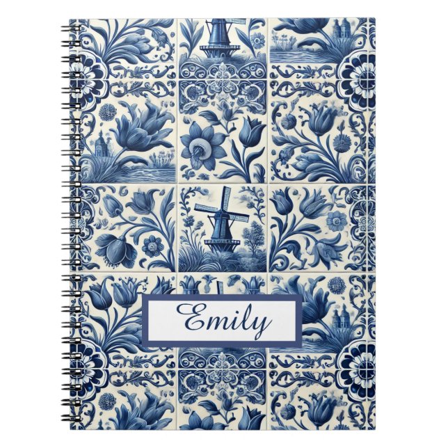 Elegant Delft Tiles Personalised Notebook (Front)