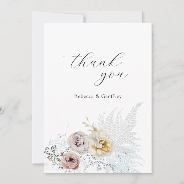 Elegant Delicate Floral Roses Calligraphy Wedding Thank You Card (Front)