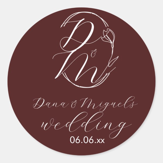 Elegant Delicate Floral Wedding Logo Deep Burgundy Classic Round Sticker (Front)