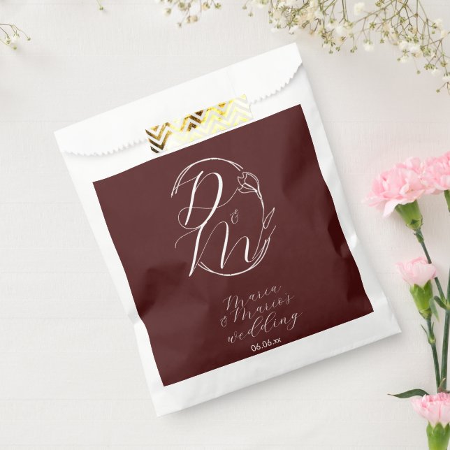Elegant Delicate Floral Wedding Logo Deep Burgundy Favour Bags (Sealed)