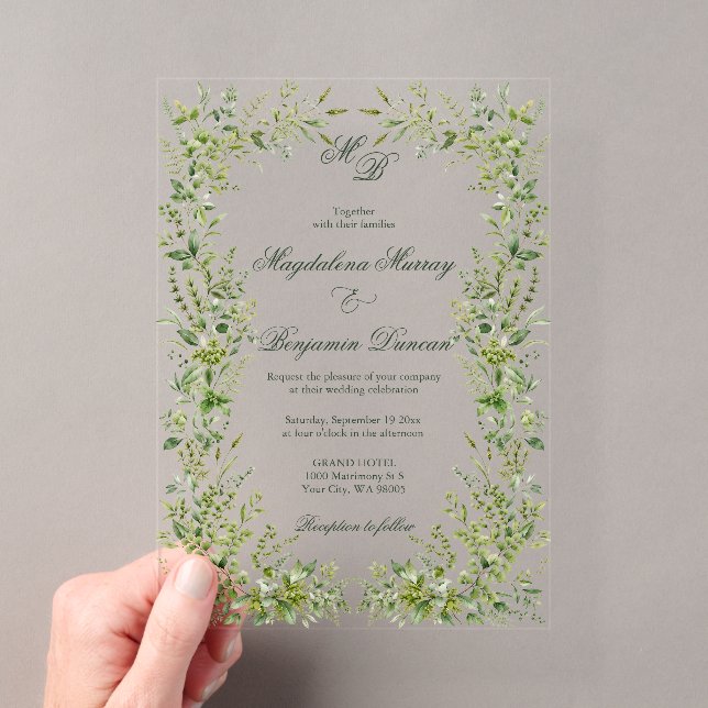 Elegant Delicate Greenery Botanical Garden Wedding Acrylic Invitations (Insitu (Handheld))