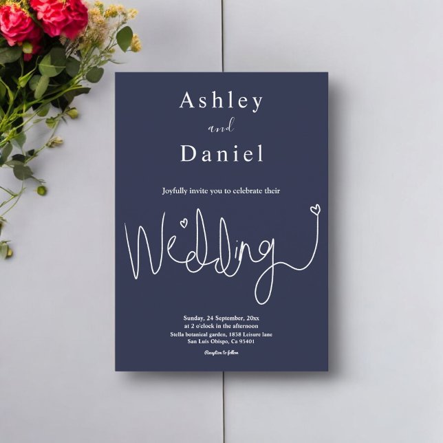 Elegant Delicate Navy Blue White Simple Wedding Invitation (Creator Uploaded)