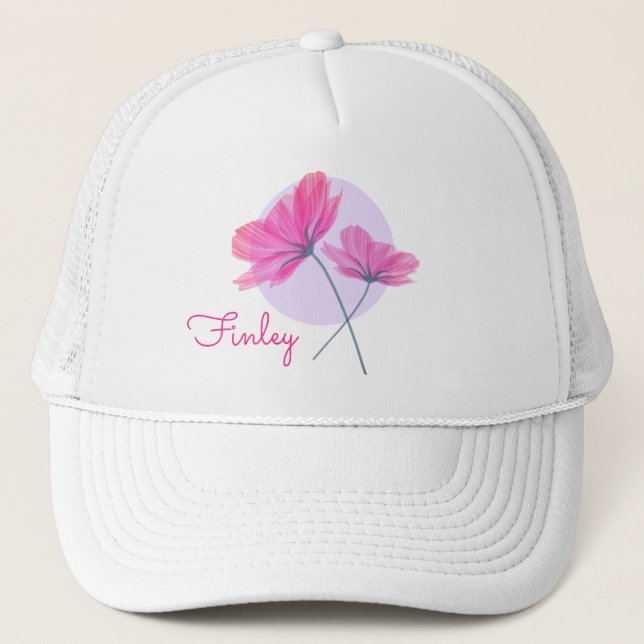 Elegant delicate pink flowers name light blue dot trucker hat (Front)