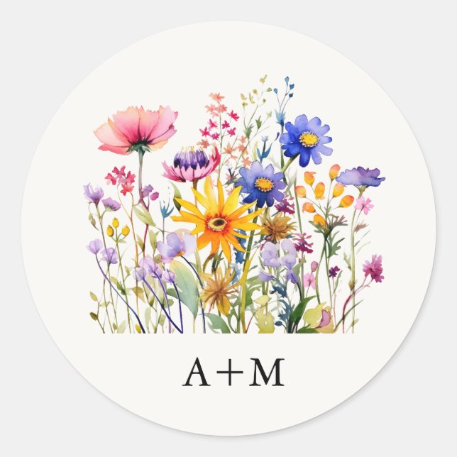 Elegant Delicate Pressed Floral Monogram Wedding  Classic Round Sticker (Front)