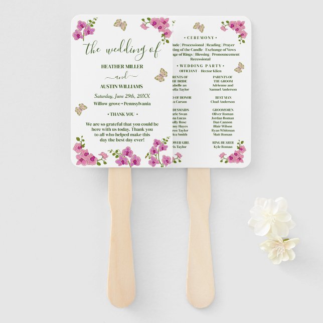 Elegant Delicate Purple Orchids Wedding Program Hand Fan (Front and Back)