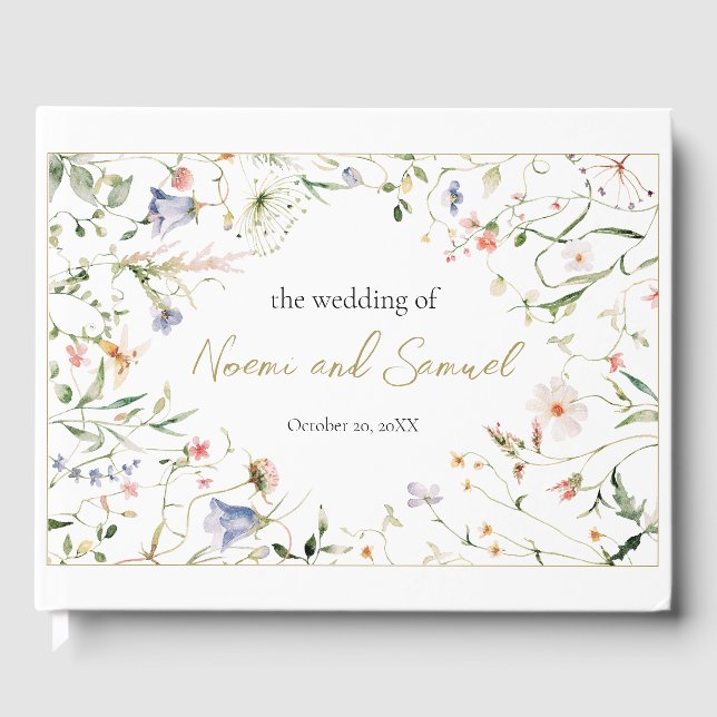 Elegant Delicate Watercolor Wildflower Wedding Guest Book (Front)