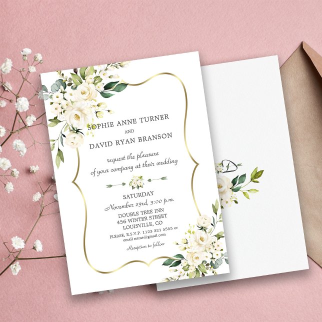 Elegant Delicate White Flowers Gold Frame Wedding Invitation (#floralgoldwedding #weddinginvitation)