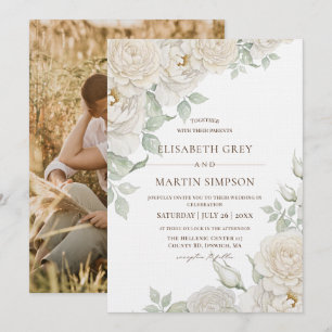 Elegant & Delicate White Rose Watercolor Wedding Invitation